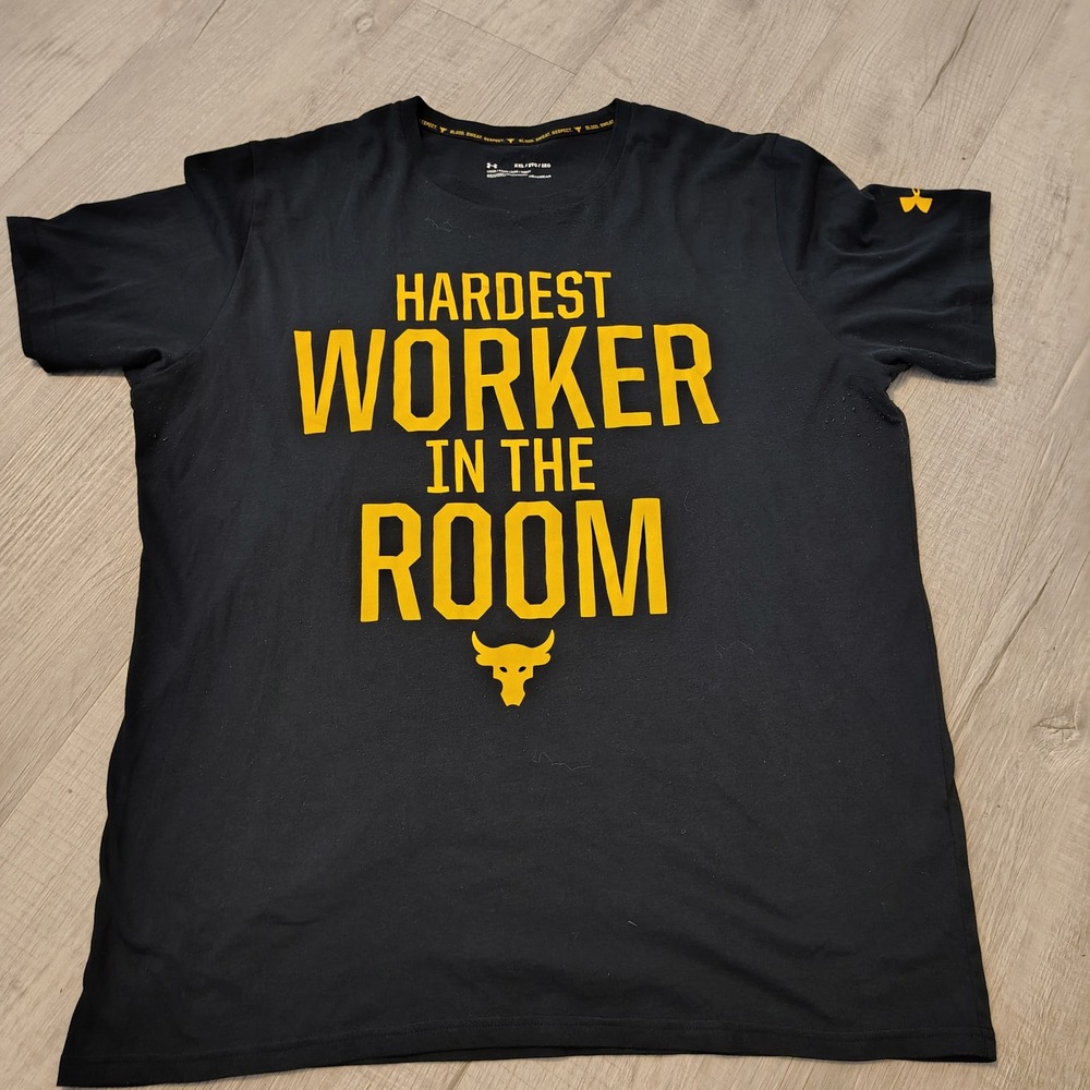 Under Armour Project Rock Hardest Worker In The Room Shirt Mens XXL Black Yellow